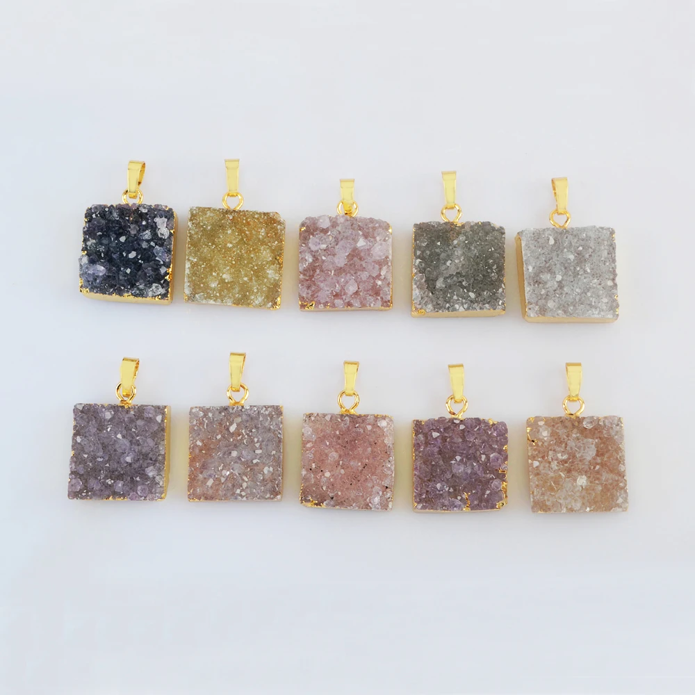 

BOROSA Unique Golden Plated Square Agate Druzy Pendant Connector Natural Stone Charms for Women Necklace Engagement Jewelry Gift