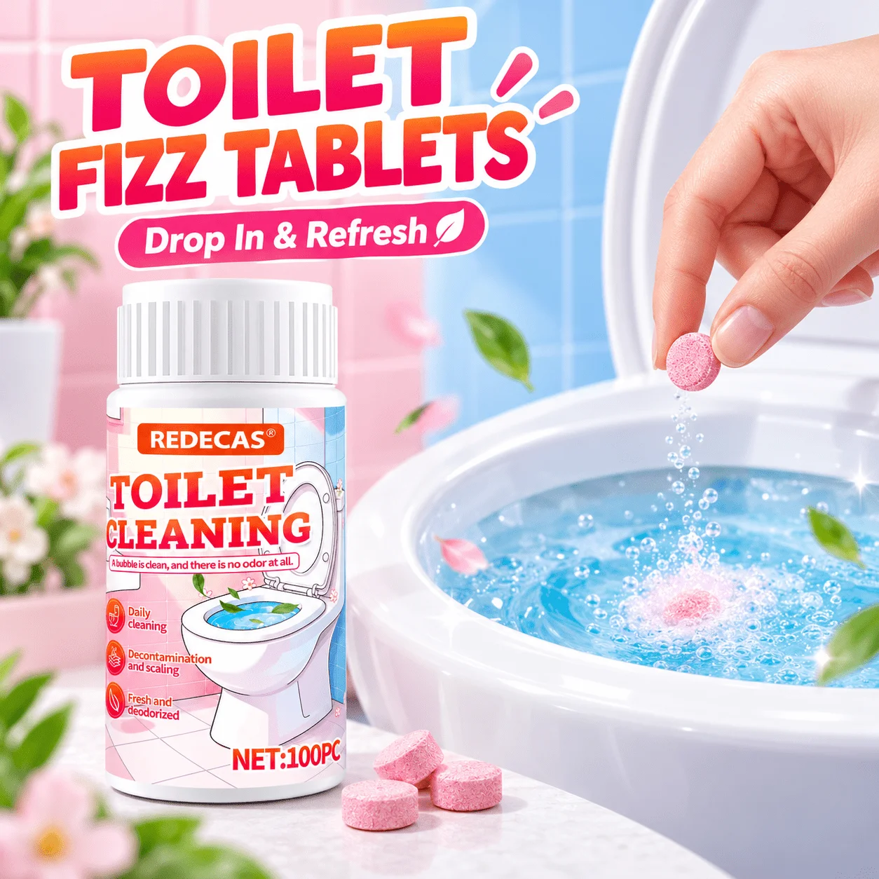 100 Count No-Scrub Toilet Cleaning Tablets, Dissolve Urine & Limescale,Whiten Bowl, Reduce Odor, for Home, RV, Hotel, Daily Care