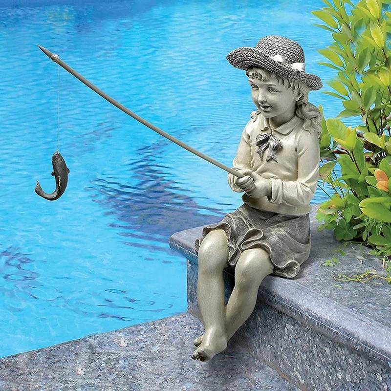 Cartoon Fisher Girl Figurine Resin Fisherman Sitting Posture Statue Pool Decor Girl Figurine Decor Sculpture Home Yard