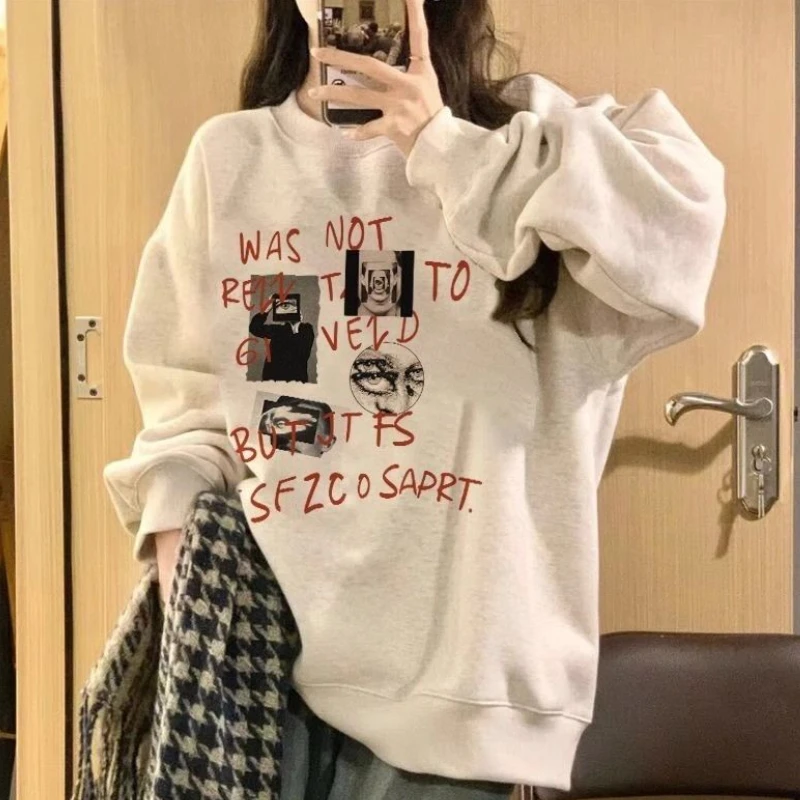 Sweatshirts Women Printing Baggy Cozy Plus-velvet Autumn Vintage Lazy American Style Personality Students Chic O-neck Clothing