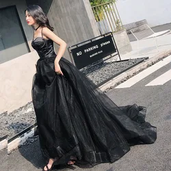 Elegant Simple Black Evening Dress Spaghetti Straps Sweetheart Neck Party Gown A-Line Lace Up Back abendkleid 2024 Sweep Train