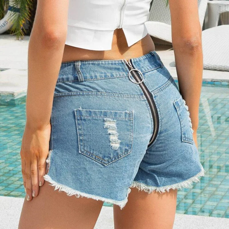 New 2021 summer shorts women short jeans zipper open design hole lace high waist denim shorts sexy short feminino