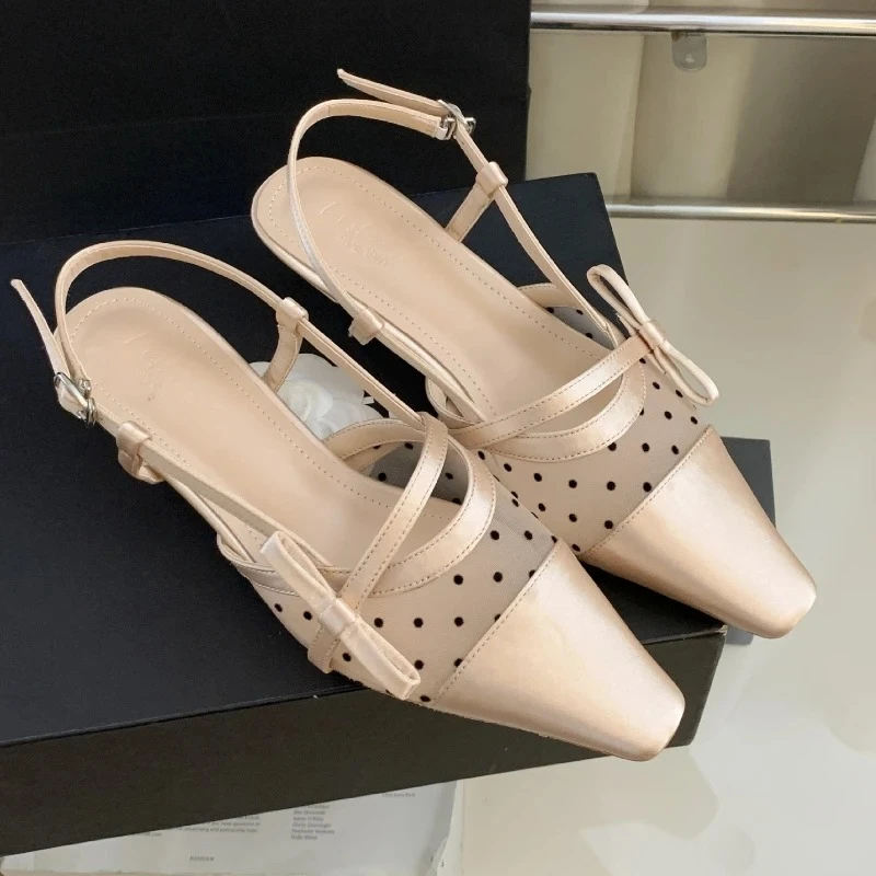 

Polka Dot Mesh Fashion Mules Shoes Ladies Sandals Elegant Square Toe Low Heel Dress Shoes Butterfly-Knot Fashion Pumps Women