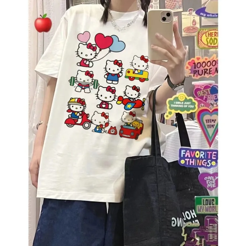 Sanrio Hello Kitty Summer New Cartoon Print T-shirt Tops Y2k Girl Kawaii Short Cute Vintage Aesthetic  Women Short Sleeve