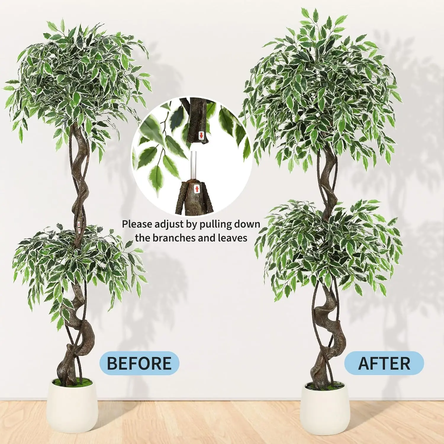 Artificial Ficus Tree, Lifelike Fake Ficus Plant with White Imitation Ceramic Planter, Natural Moss & Pebbles Decor, Stable Potted Faux Tree for Indoor Outdoor Home Office Bedroom Balcony - view 7