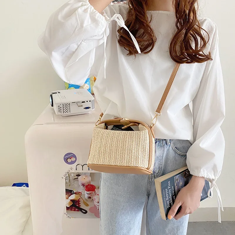 2024 New Summer Small Straw Handbag Trendy Shoulder Bag Woven Bucket Crossbody Bag Casual Seaside Beach Bag Gilrs Handle Tote