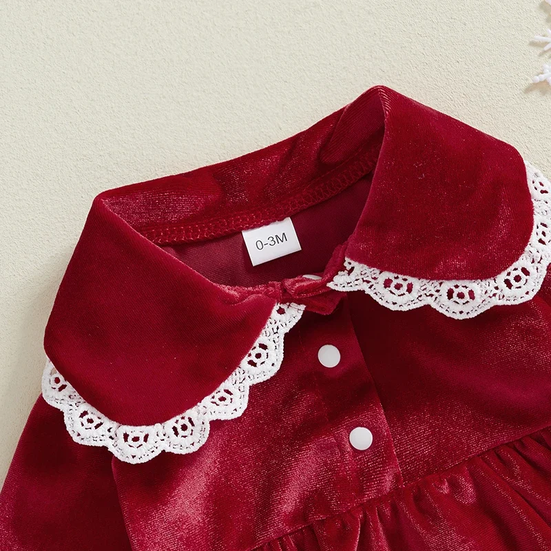 Baby Girl Spring Autumn Lace Trim Velvet Romper Long Sleeve Lapel Triangle-Bottom Jumpsuit Newborn Clothes