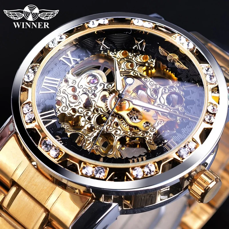 

Official brand of free shippingHot Retro Hollow Men's Mechanical Watch Casual Steel Belt Manual Manipulator Watch Gold