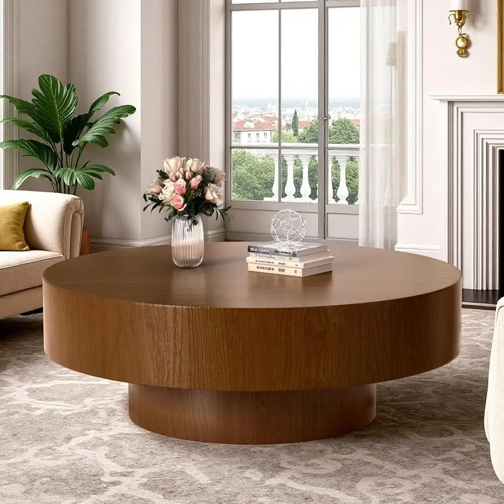 

Vintage Wooden Round Coffee Table, Minimalist Accent Table for Living Room and Small Spaces