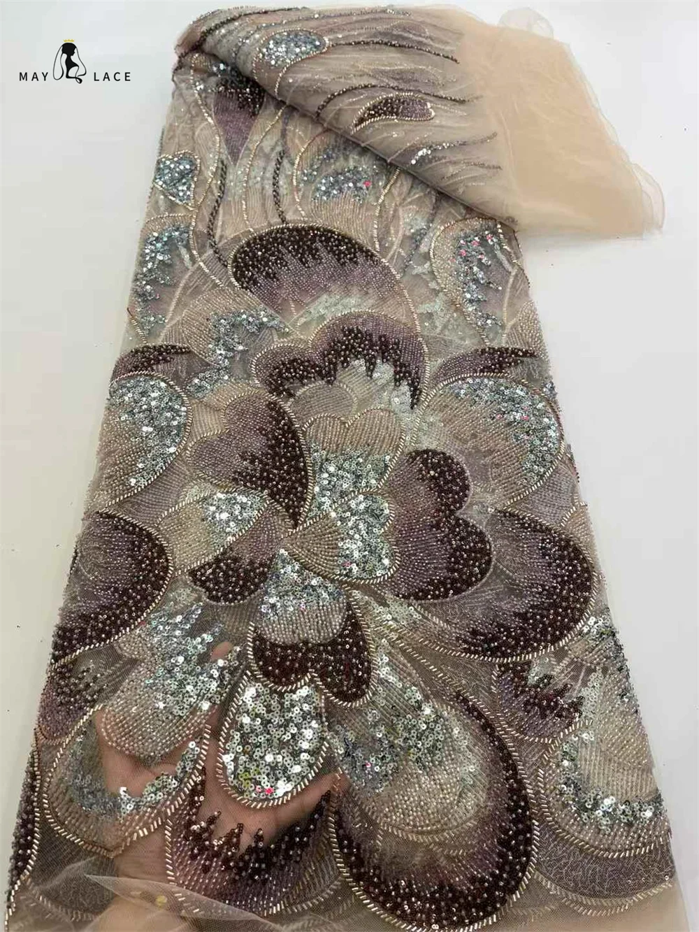 

African Beaded Lace Net Fabric 5 Yards 2025 High Quality Nigerian Wedding Material Luxury Sequin Beads Fabric for Sewing Dress