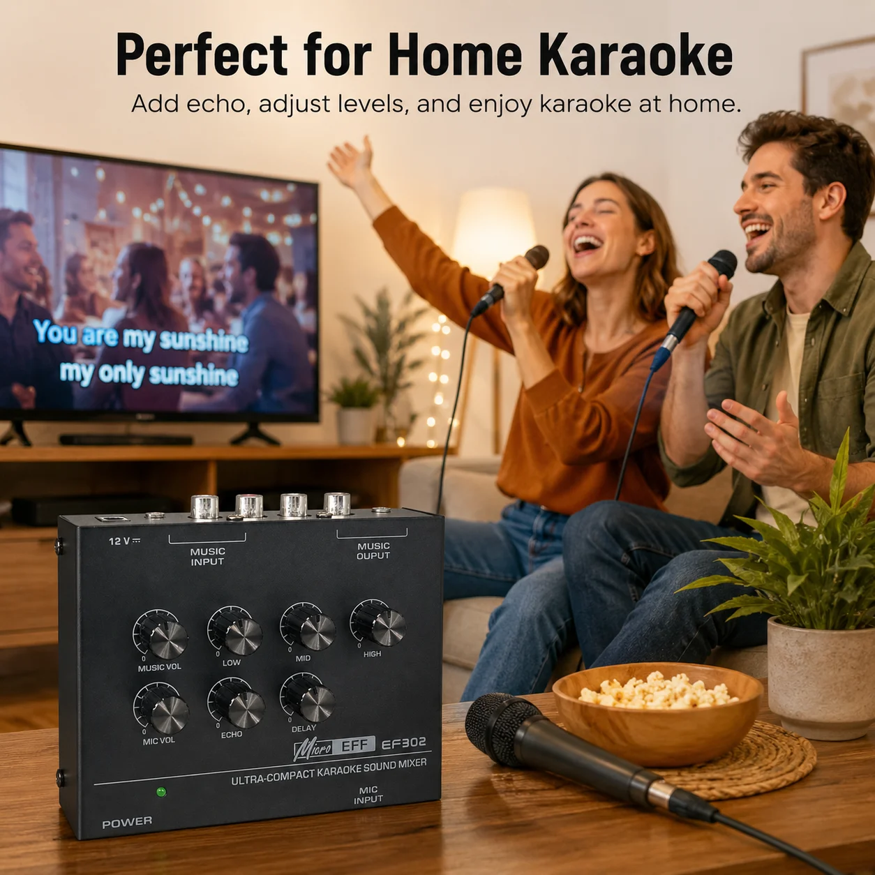 Mini Karaoke Audio Mixer EF302 7 Knobs Adjust Echo Delay Mic Music Volume Low Mid High EQ Control Portable Sound Mixing Console view 6