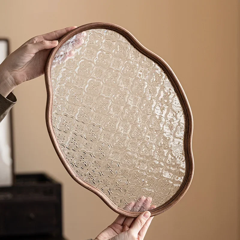 

Begonia Flower Glass Tray Chinese-style Small Refreshment Tray Household Cover Bowl Pot Holder Retro Tea Set Storage Plate Decor