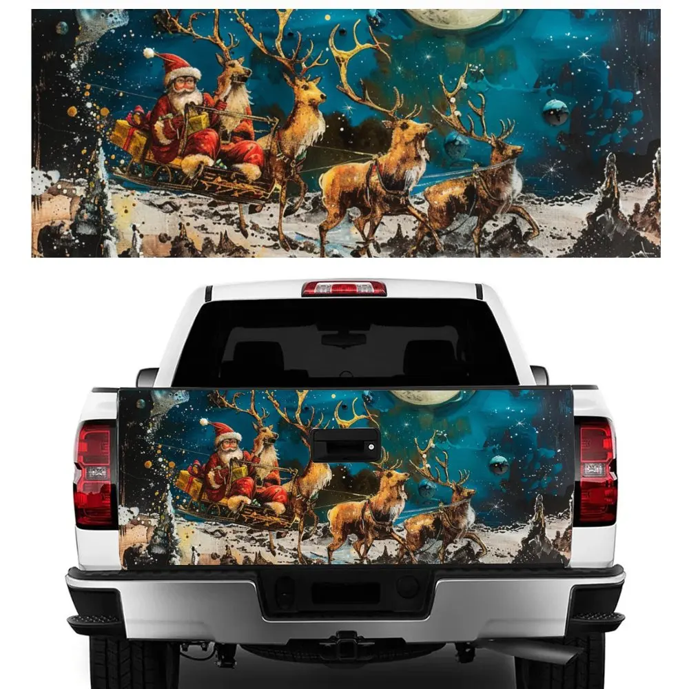 

Under The Moonlit, Santa Claus Drives Reindeer To Deliver Gifts Print Car Tail Trunk Protect Vinly Decal Sticker for Off-road