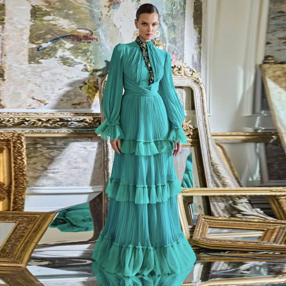 

Customized High Quality Long Sleeves Evening Dress High Neckline Flare Sleeves Bespoke Occasion Gowns Exquisite Prom Dress