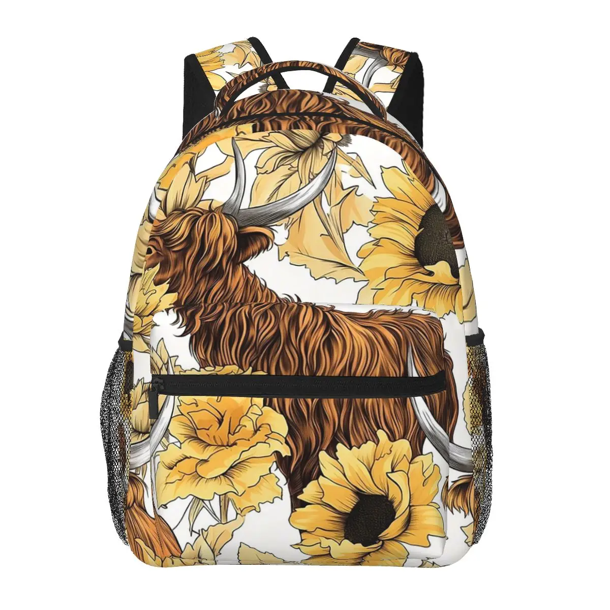 Highland Cow And Sunflowers Backpacks Boys Girls Bookbag Students School Bags Travel Rucksack Shoulder Bag Large Capacity