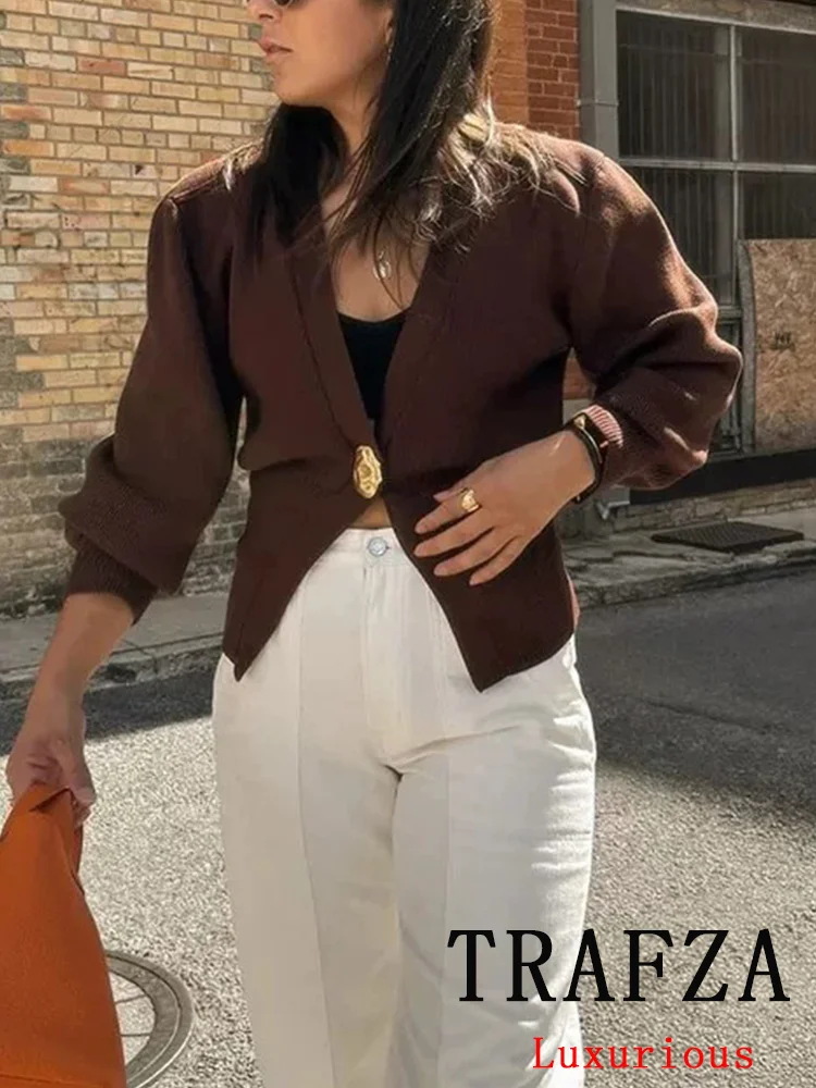 TRAFZA Vintage Casual Chic Women Sweater Solid V Neck Singe Button Long Sleeve Knitted Cardigans Fashion 2024 Autumn Sweaters