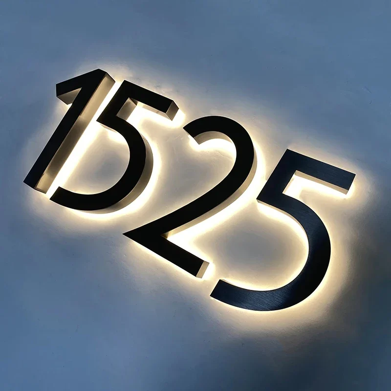 LED House Number Light Outdoor Waterproof Modern Residential Home Hotel Door Plates Metal Illuminated House Sign Address Plaques