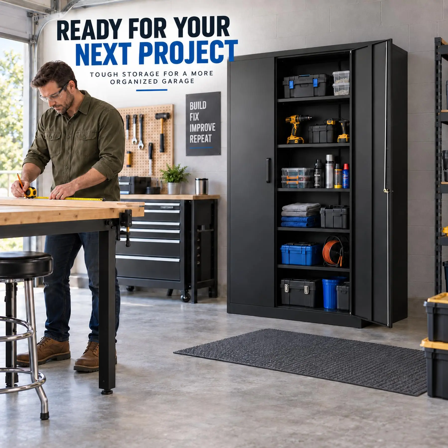 Metal Garage Storage Cabinet with Lock and 5 Adjustable Shelves, Metal Storage Cabinet Steel Tool Cabinets with Locking Door