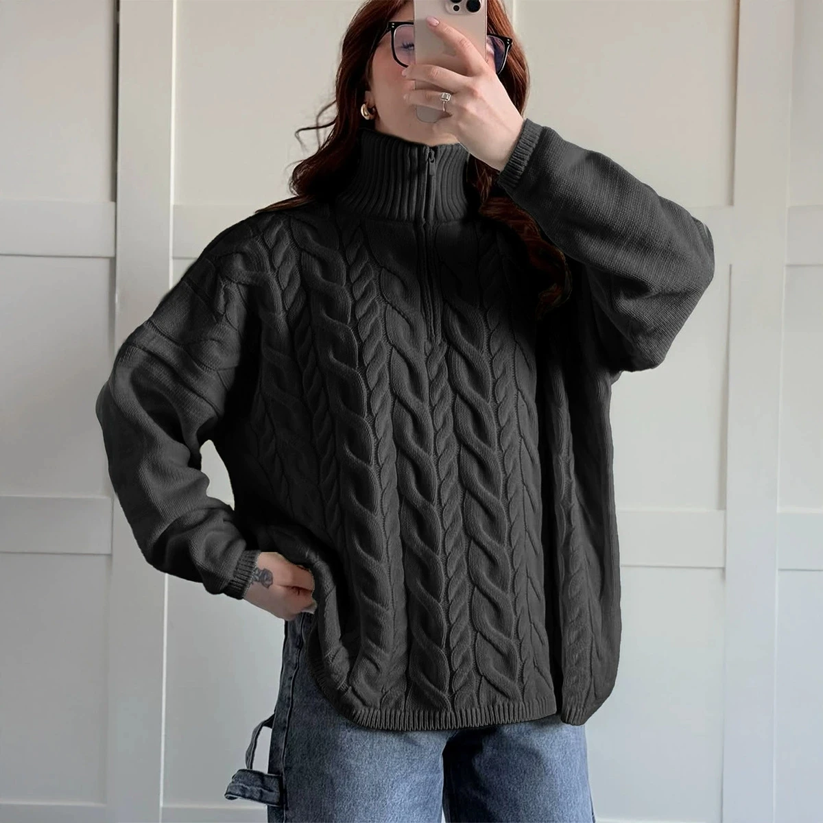 

2025 New Winter Women Sweater Casual Tops Loose Knitwear Vintage Half Zipper Oversized Sweater Twists Pullovers Female Pullover