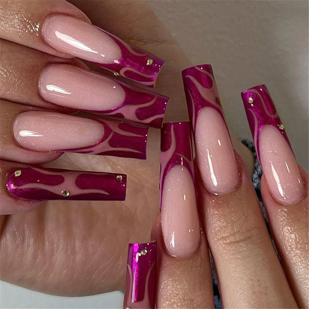 

Long Ballerina Fake Nail Tips with Design Rhinestones Purple Pearlescent Color Manicure French Coffin False Nails Press on Nails