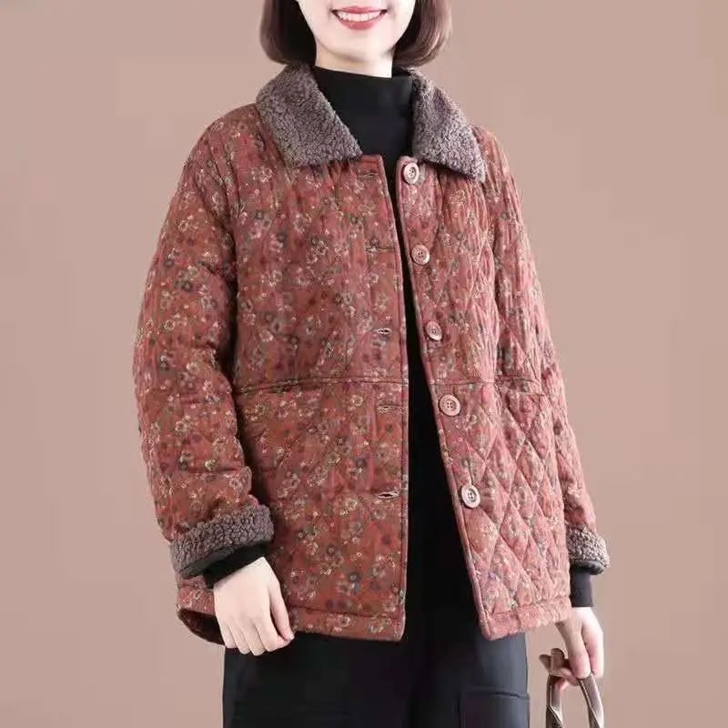 2023Female Korean Fashion Printing Cotton-padded Jacket Women Winter Thicker Loose Casual Stand-up Collar Retro Cotton Coat A927