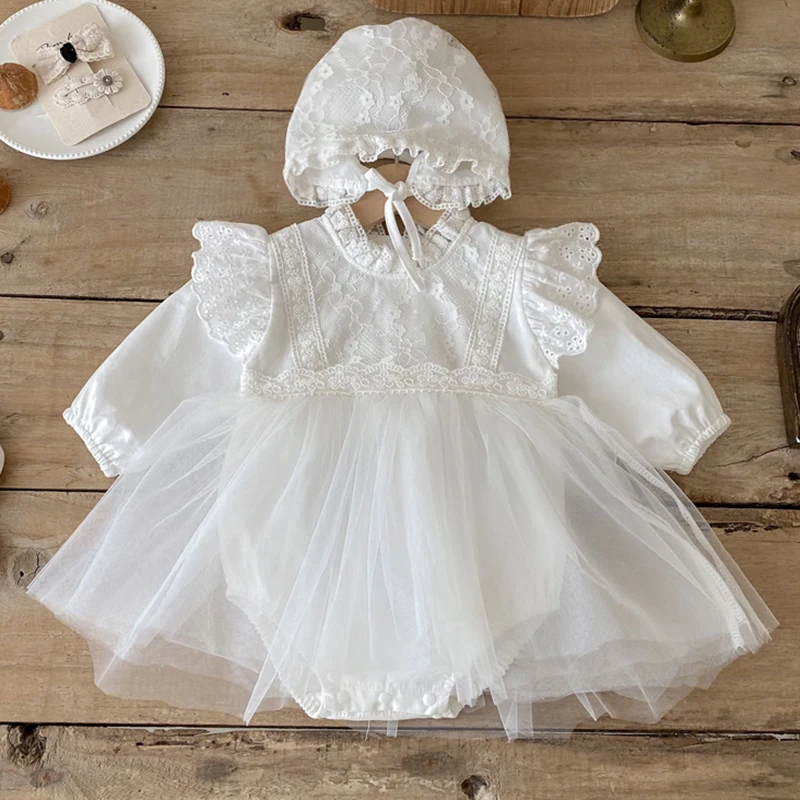 2025 New Autumn 0-24M Baby Clothing Infant Baby Girls Jumpsuit+Hat Long Sleeved Cotton Lace Splicing Toddler Baby Girl Romper