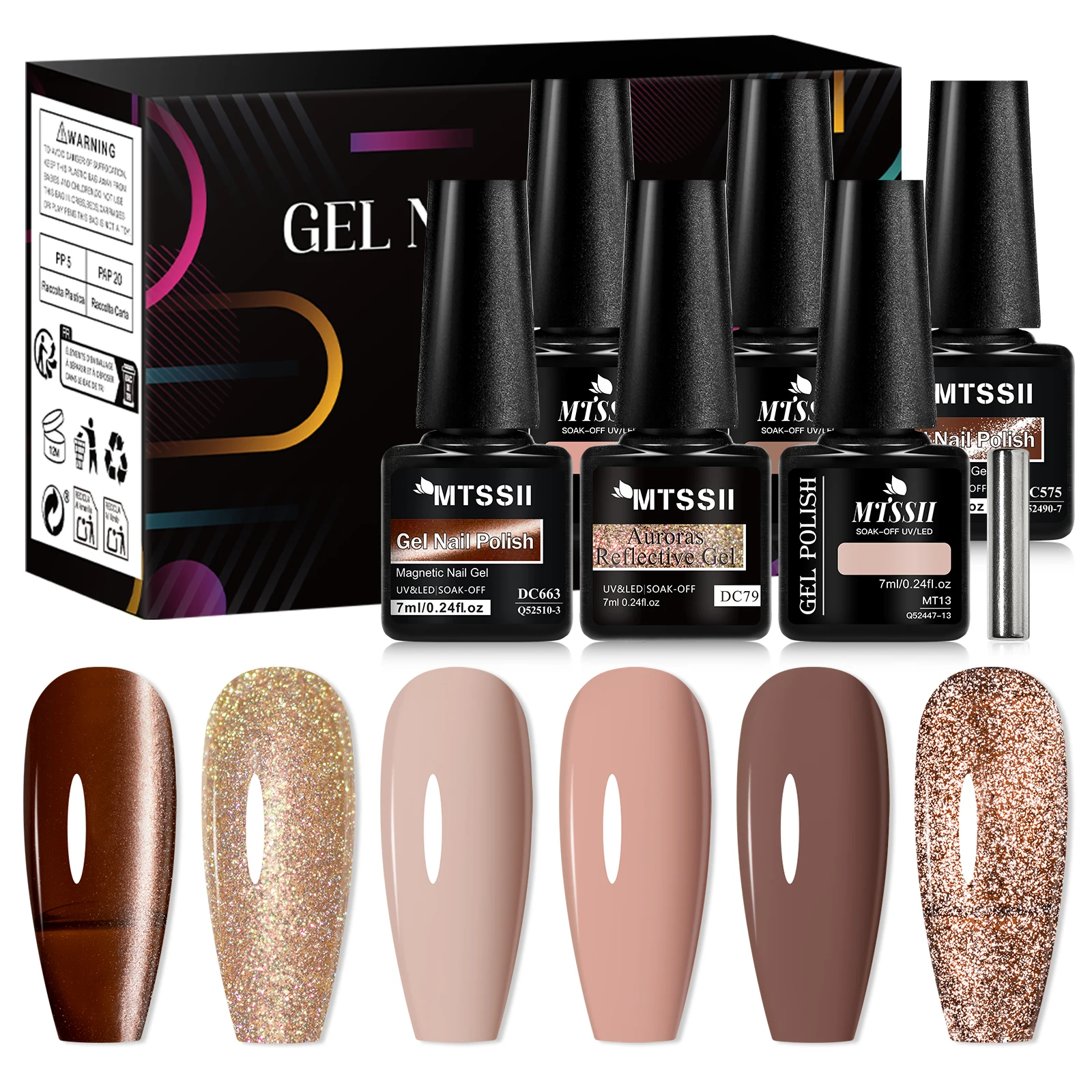 

7Pcs Coffee Colors Nail Gel Kit Sparkling Magnetic Nail Art for DIY Manicure UV LED Curing Semi Permanent Nail Decorations