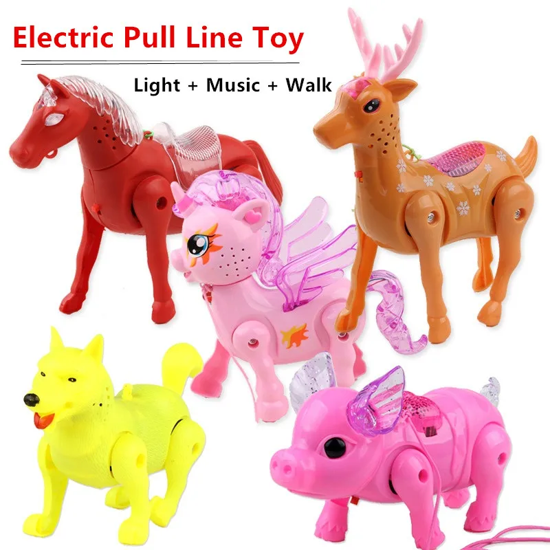 Linha de tração elétrica Brinquedo Animal, Unicórnio, Cavalo, Veado, Porco, Cão, Luz, Música, Andando, Corda de Tração, Chi