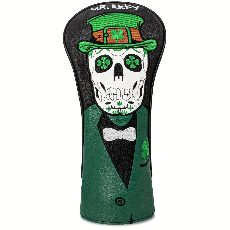 1pc Golf Club Cover - White with Green Clover and Black Skull Embroidery Design, Scratch Resistant Protective Cover