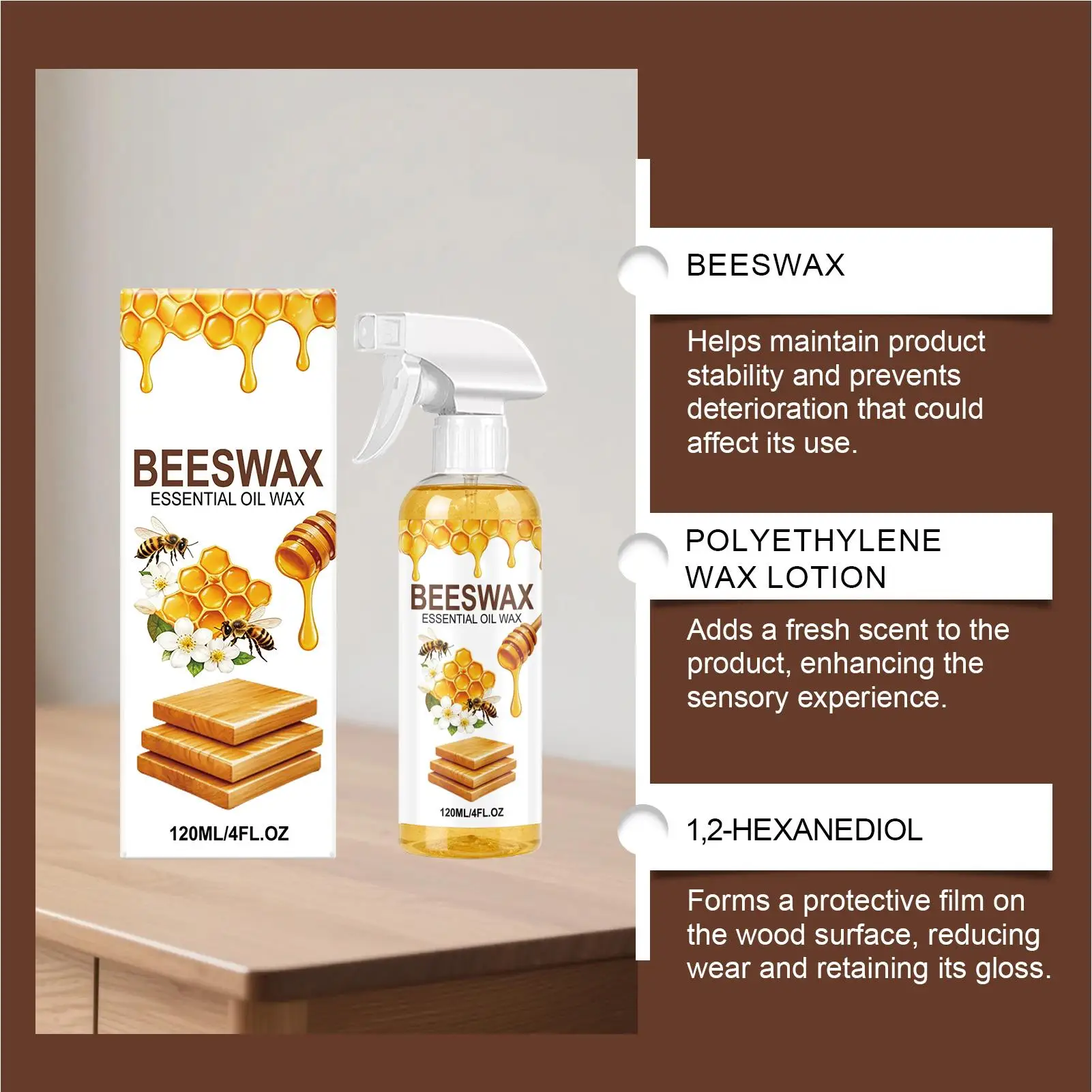 Natural Beeswax 120ml Wood Polishing Spray Multipurpose Furniture Care Cleaner Restorer for Hardwood Cabinet Floor Maintenance