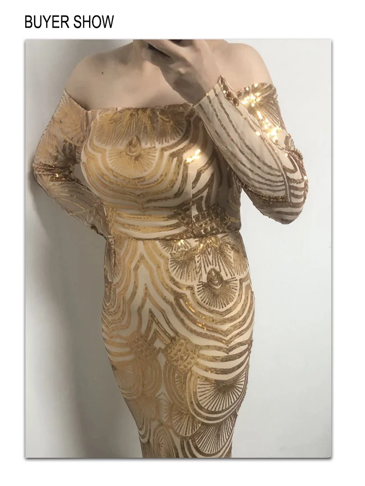 Romagisch Goud Pailletten Slash Hals Lange Mouwen Luxe Avondjurk Zeemeermin Off Shoulder Vrouwen Maxi Formele Feestjurk