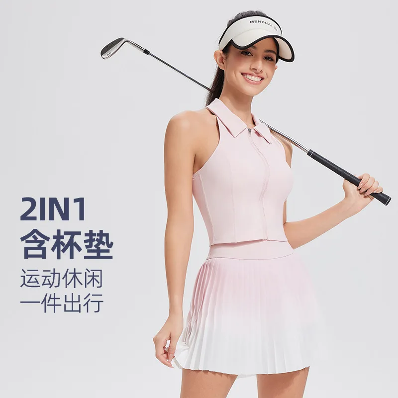 

Sport Tank Top with Build in Bra Pleated Skirt Set Tennis Zipper Polo Golf Wear Women Active Wear Badminton Outfit White Black