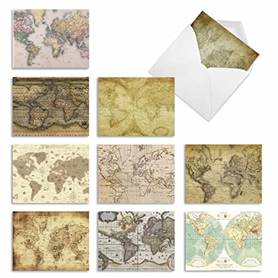 

10 Assorted Blank All Occasions Vintage Globe Charts Notecards Boxed Set 4 x 5.12 Inch w/Envelopes, Stationery for Men, Women 1