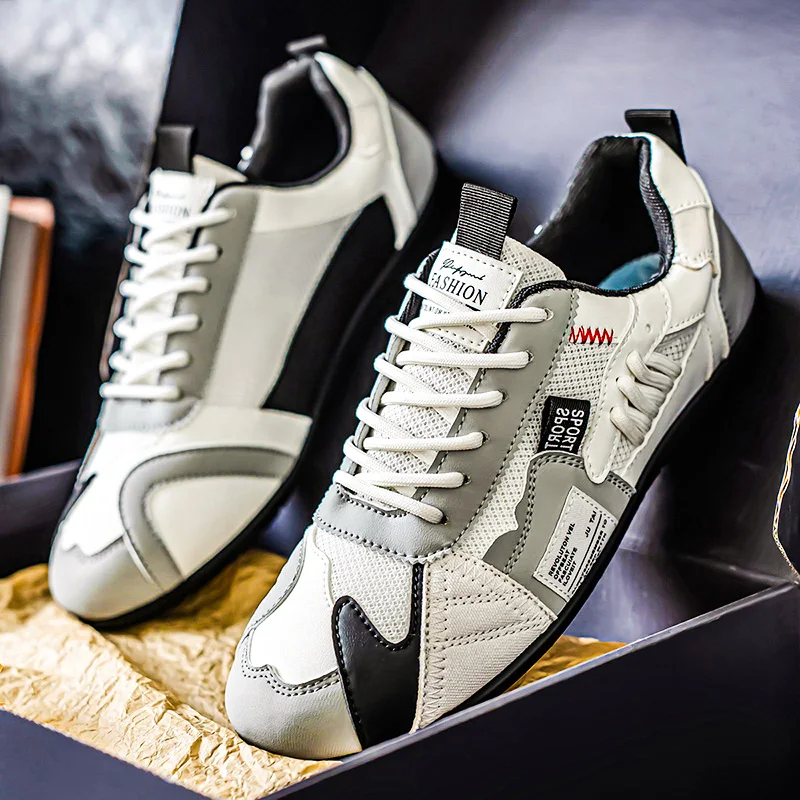 Men's Low-Top Lace-Up Sports Shoes, Breathable Synthetic Material with Comfortable Fabric Lining, Anti-Slip PVC Sole, Striped Design, Suitable for Casual and Outdoor Wear, Daily Sneakers | Minimalist Style