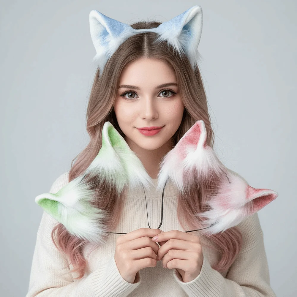 Gradient Color Faux Fur Cat Ears Fluffy Realistic Texture Lightweight Cosplay Ears Hair Hoop Comfortable Flexible