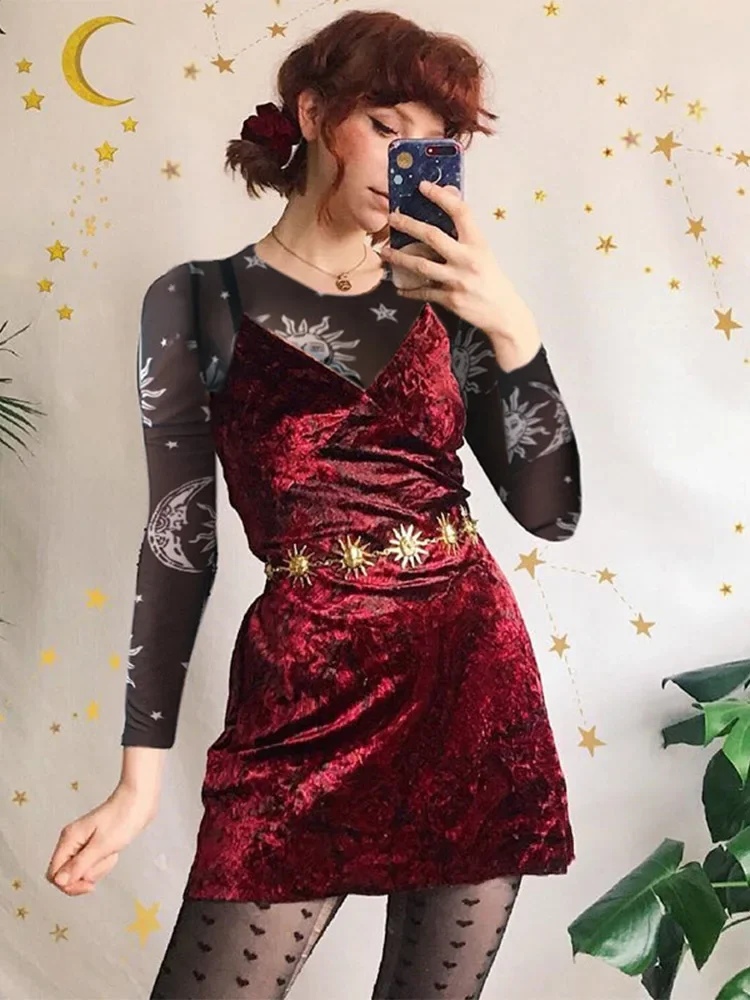 2020 المرأة مثير Harajuku شبكة بلايز كم طويل انظر من خلال تي شيرت شفاف الشمس القمر ستار تي شيرت مطبوع Femininas كلوبوير