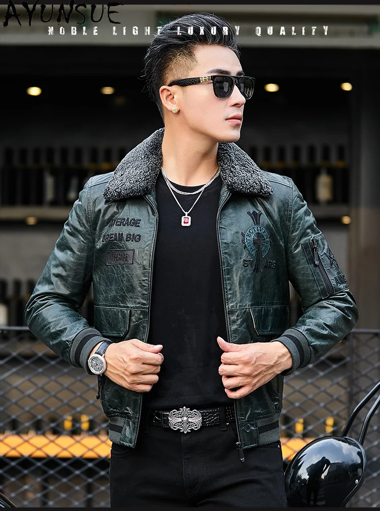 AYUNSUE Genuine Leather Jackets Sheepskin Winter Men's Leather Jacket Warm High Quality Leather Jacket Кожаная Куртка Мужская