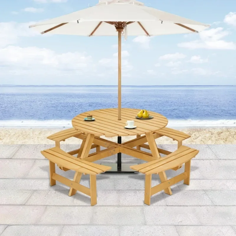 Outdoor Round Picnic Table for 8 with 4 Built-in Benches and Umbrella Hole, Perfect Patio Dining Set
