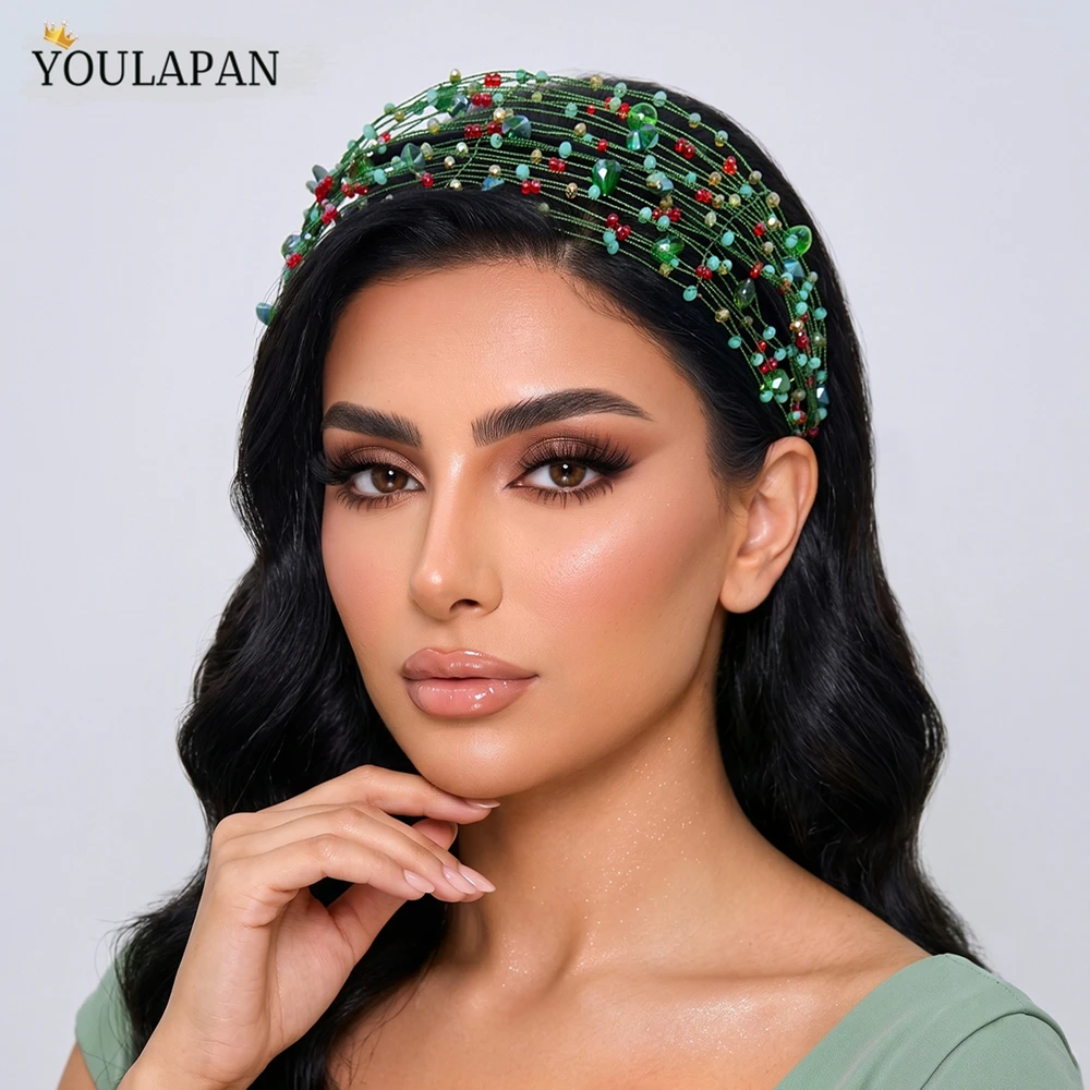HNCCX Green Color Crystal Bridal Headband Handmade Multi-Layer Bead Women's Hair Hoop Suitable For Wedding Holiday Headwear A22