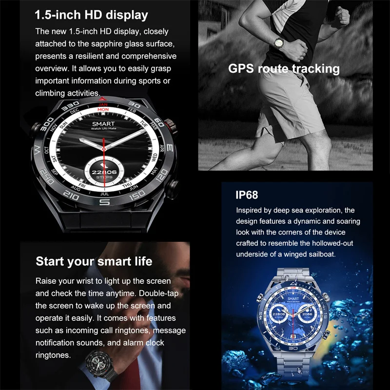 2024 New NFC Smart Watch Men GPS Track 454*454 HD AMOLED Screen Compass Heart Rate BT Call IP68 Waterproof SmartWatch For Ios