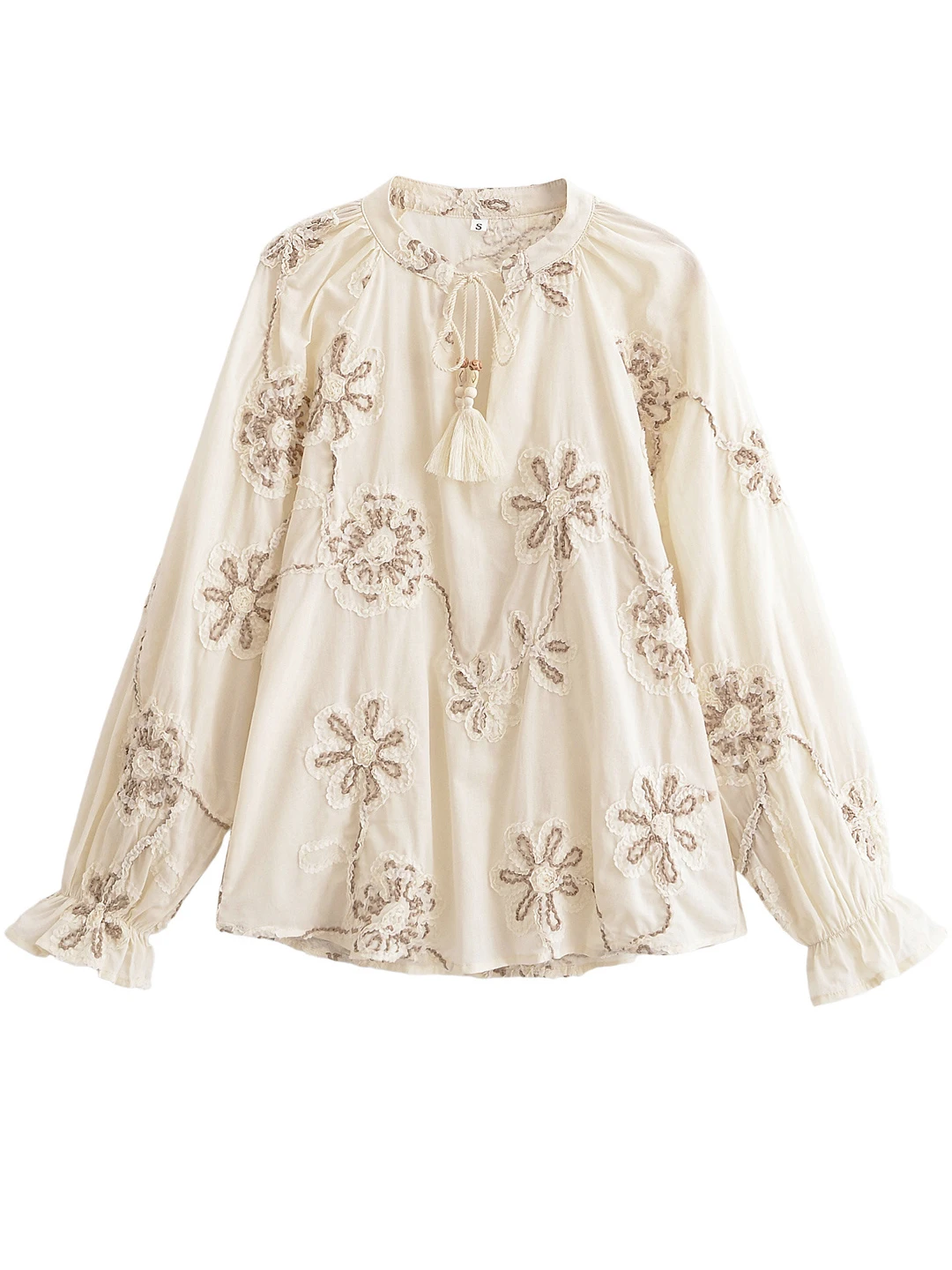 

Белый тяжелый вес с 3D цветочной вышивкой Long Sve V-Ne Свободный женский утюг Весна Осень Французский сле Свободный крой Вышивка...