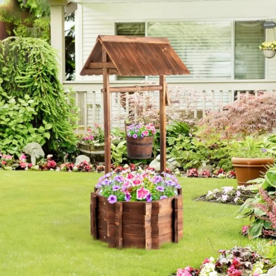 

Rustic Wooden Wishing Well Outdoor Planter with 2 Reinforced Rods Height Adjustable Hanging Bucket Natural Wood Finish for Pati