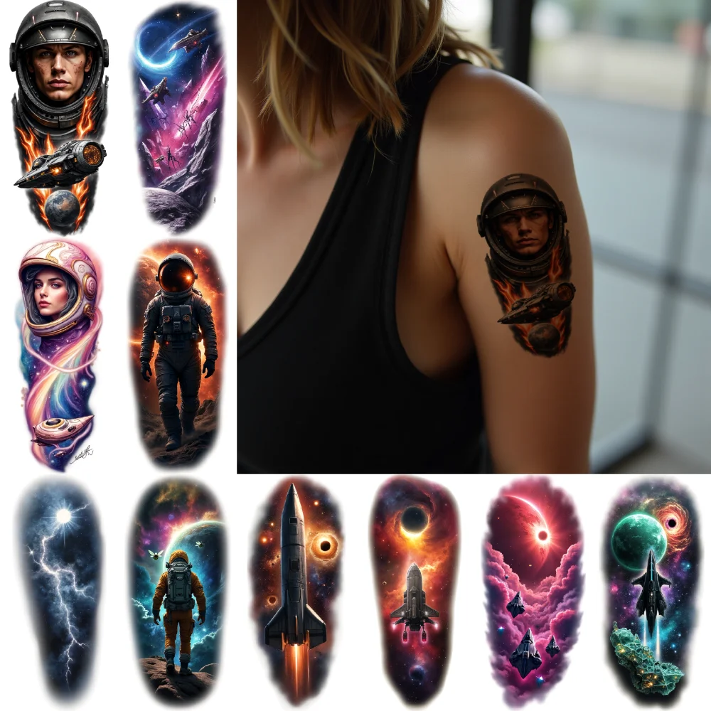 

12pcs Temporary Tattoo Space Helmet Colorful Realism Black Hole Cosmic Scene Realistic Temporary Tattoos Astronaut For