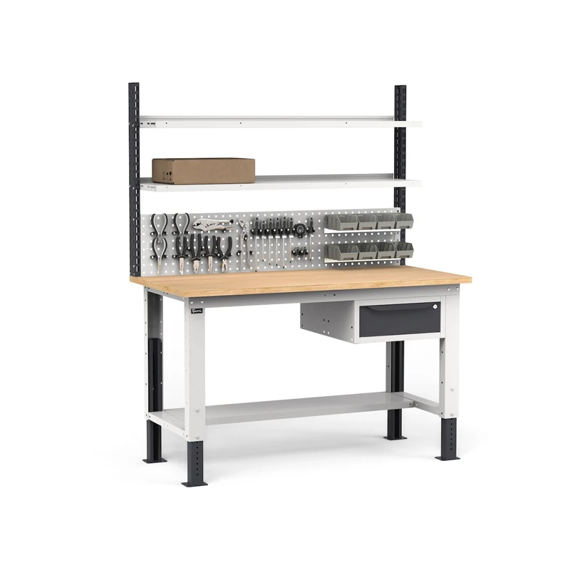 Fami WORK1528 150cm Adjustable Workbench, Wooden Top, Drawer And Perforated Wall