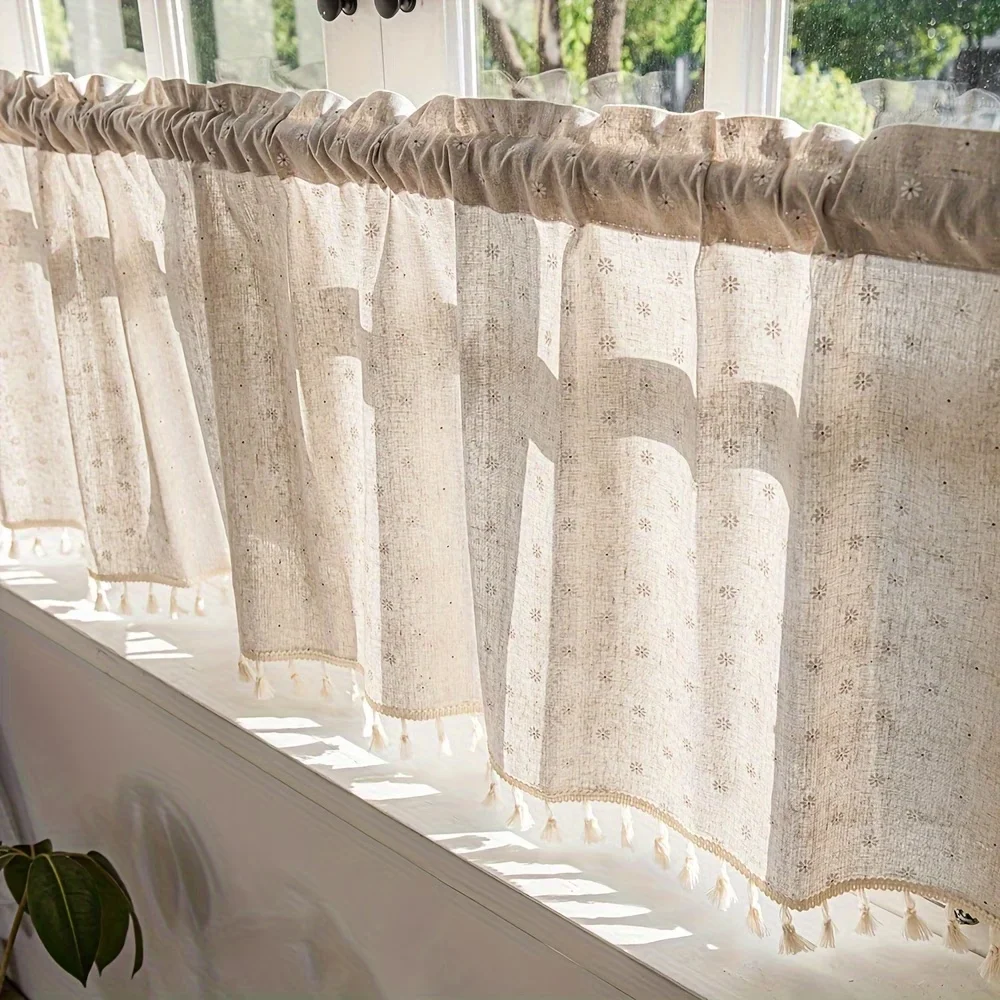 1 Stück Kurzer Jasmin-Blumen-Vorhang mit Spitze, Schlaufenband oben, Dekorativer Fenstervorhang für Küche, Wohnzimmer & Esszimmer