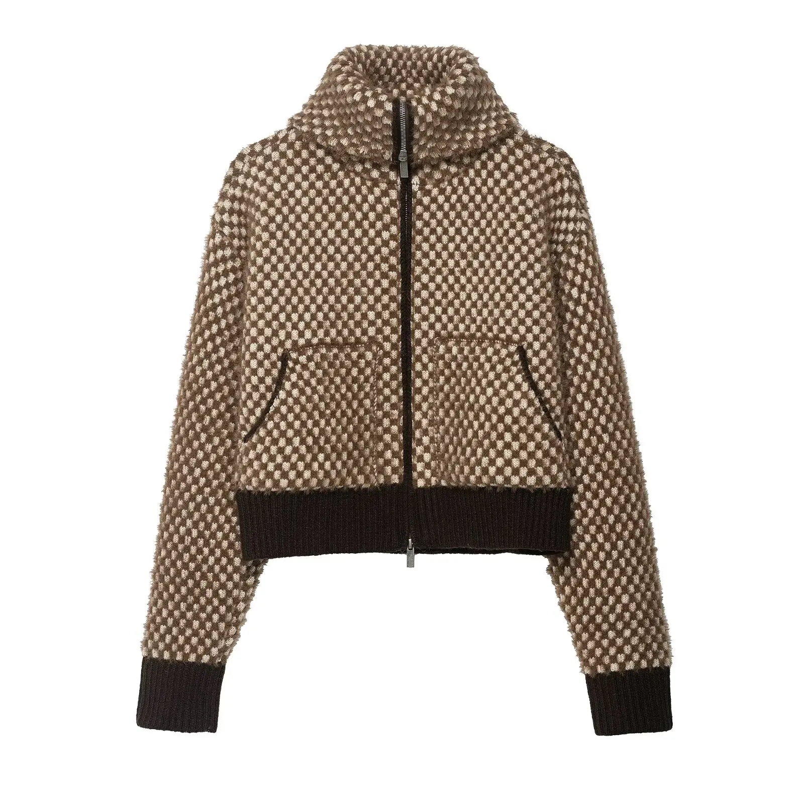 ZEVITY Women Vintage Houndstooth Crochet Knitting Casual Jacquard Flight Jacket Female Chic Outerwear Short Coats Tops CT9496