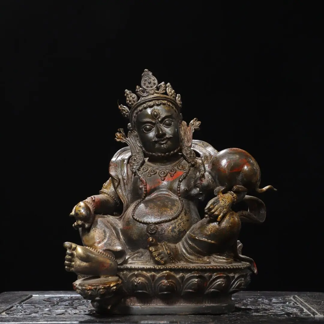 Tibetan Yellow Jambhala Buddha Statue Brass Gold Rubbed Antique Home Altar Desk Figurine