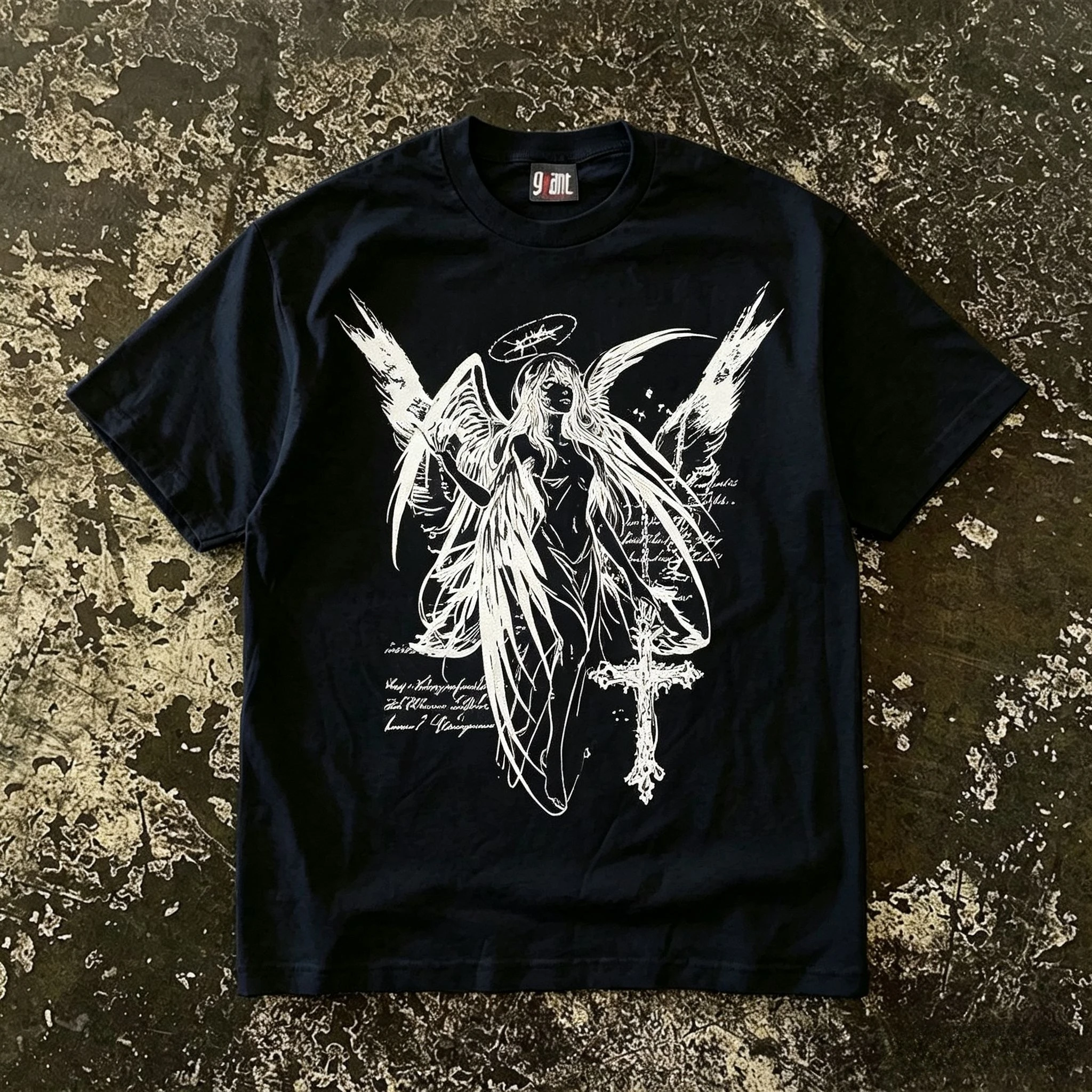 Dark Fallen Angel Sketch T-shirt Gothic Cross Print Y2K Grunge Aesthetic Oversized Streetwear Casual Grey Tee