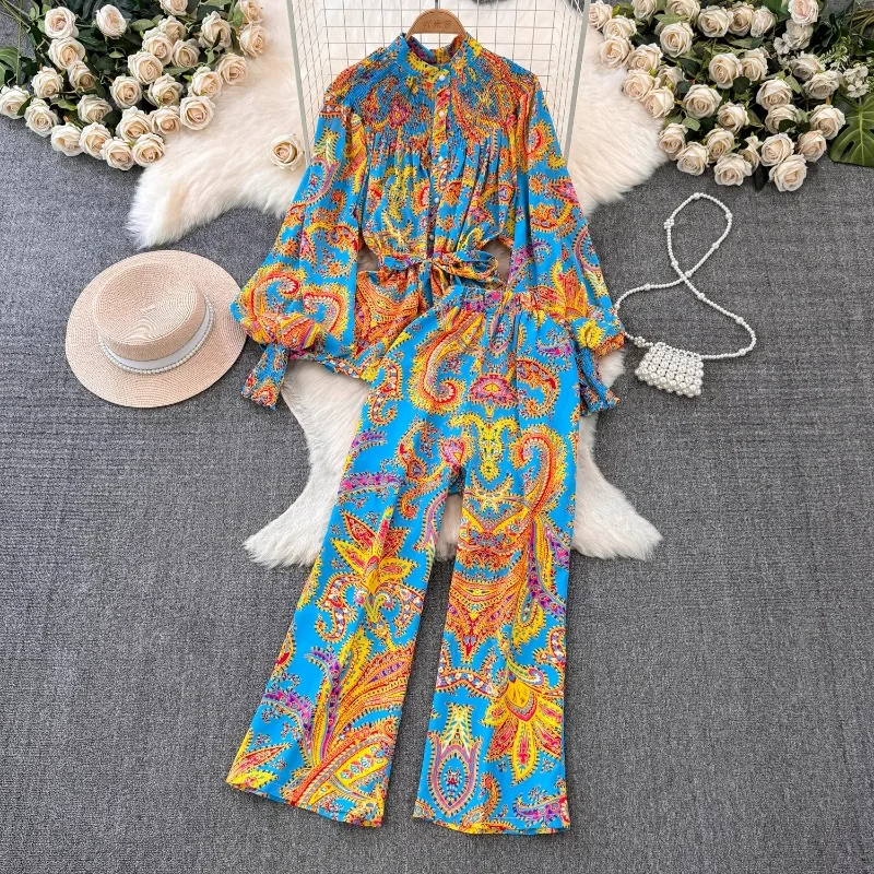 Neploe Fashionn Long Sleeve Loose Print Shirts Women+ High Waist Straight Wide Leg Pants 2024 Summer New Two Piece Sets