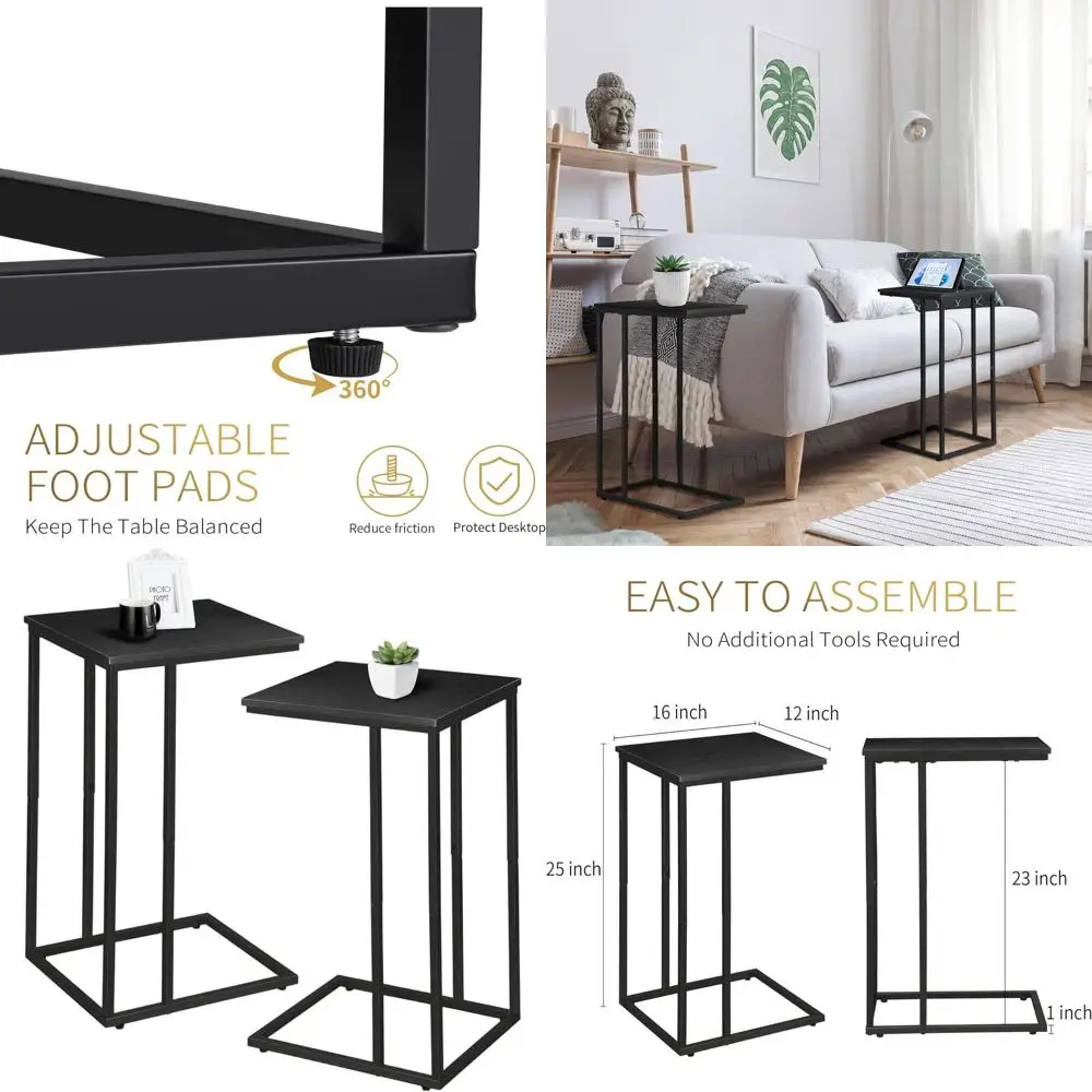 

Пара тонких C-образных приставных столиков, идеально подходящих для диванов и кроватей, для компактных гостиных и спален, черные